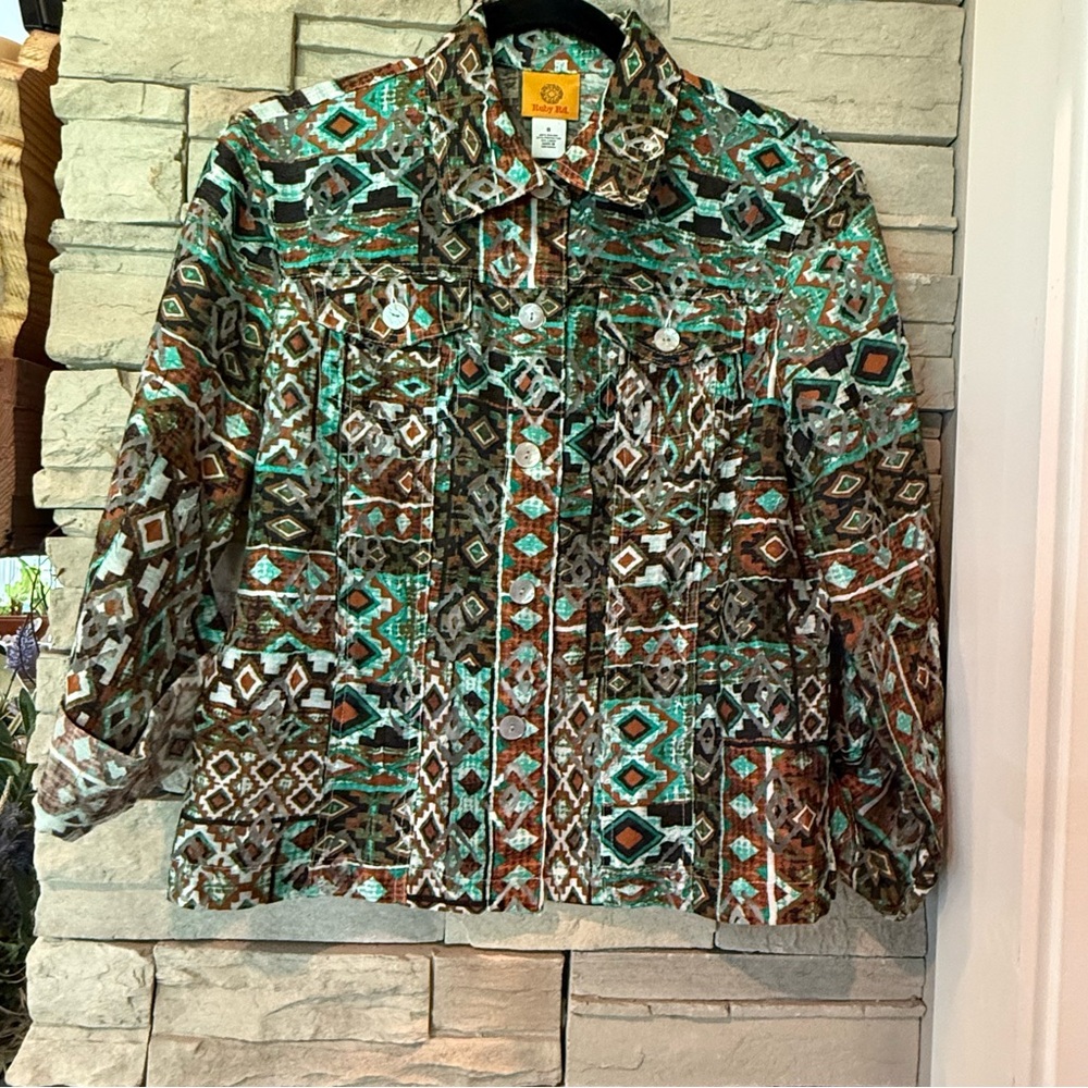 Ruby Rd. Women’s Size 8 Green & Brown Roll Tab Sleeves Button Up Sheer Blouse
